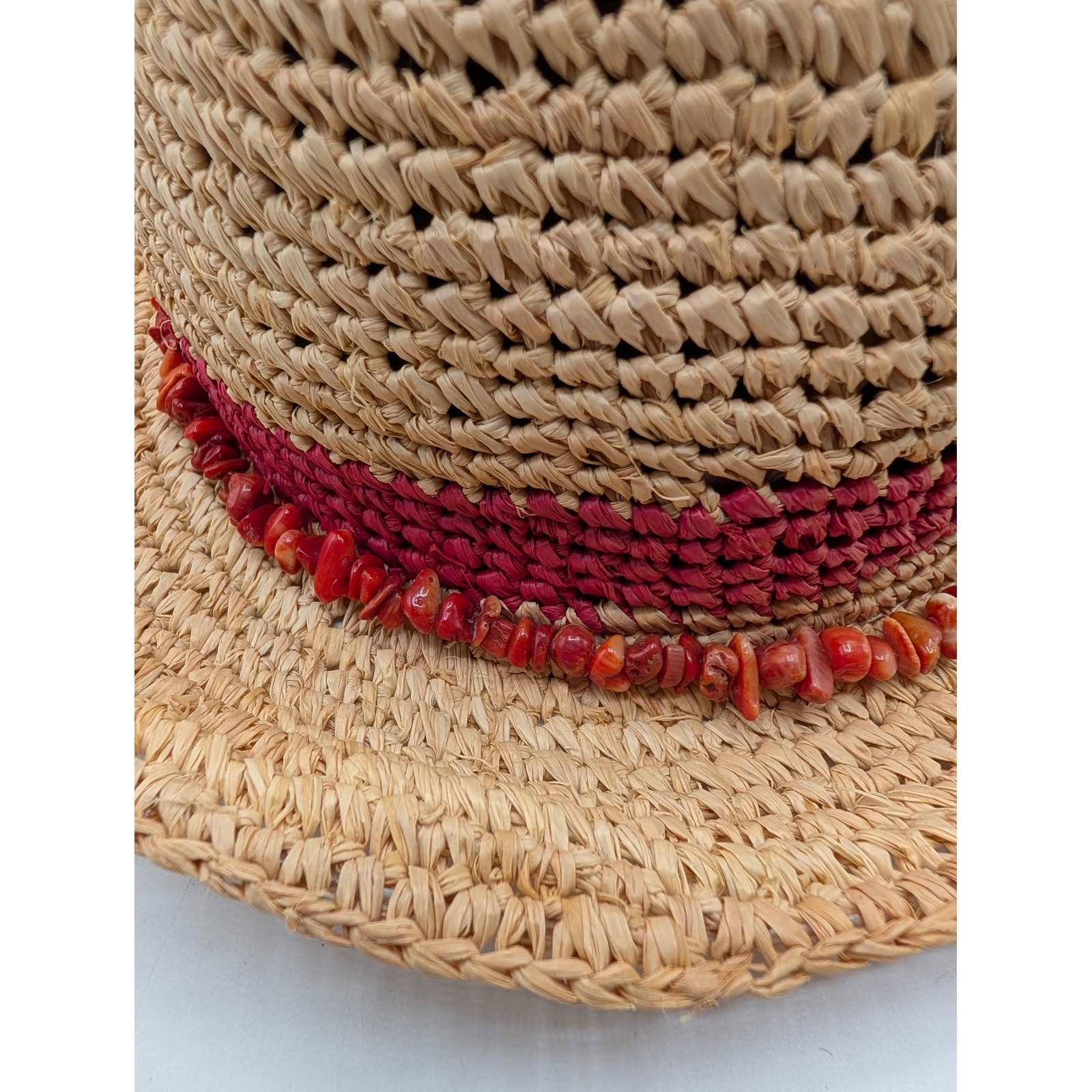 Wallaroo Hat Company Tahiti Raffia Fedora Sun Hat Beige Red Stone Trim — image 4 of 7